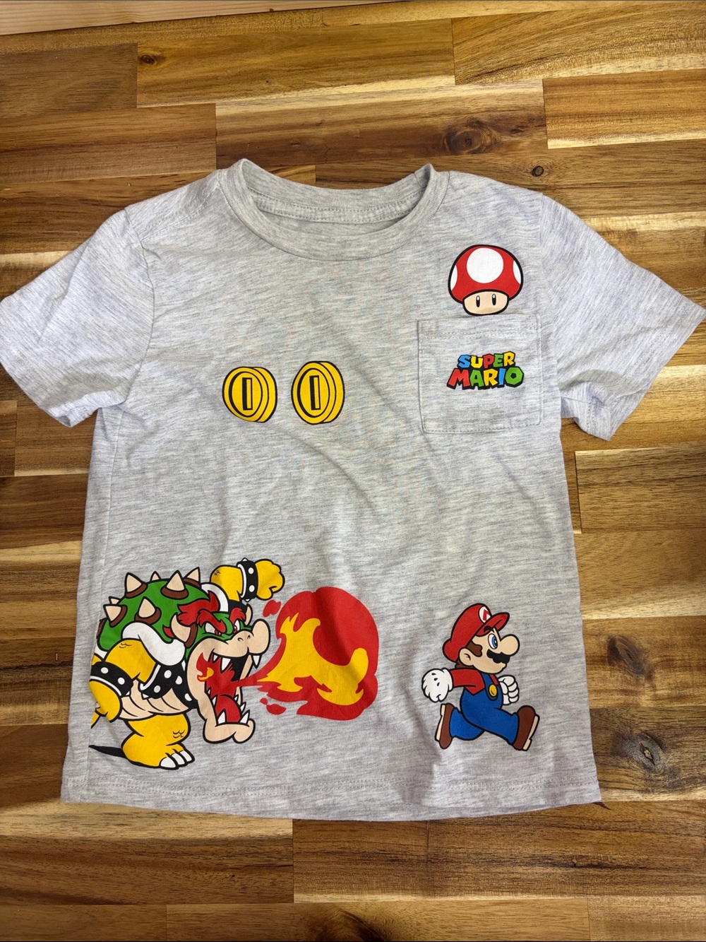 Nintendo Light Gray Super Mario Tee with Red, Yellow & Green Graphics